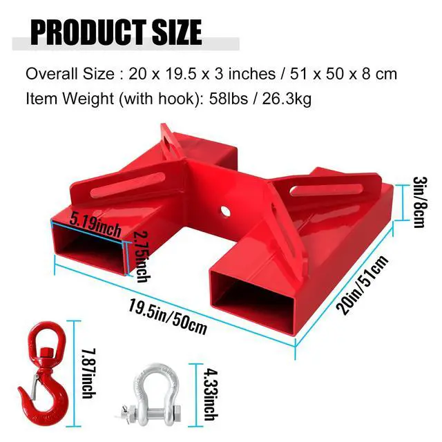 Alt view image 6 of 6 - Forklift Lifting Hook, 660lbs Capacity Hoist, Red Mobile Crane with Swivel Hook and Two Large T-Screws, Fork Attachment (3T)