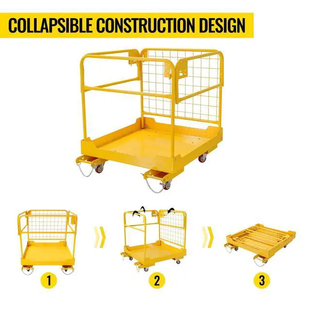 Alt view image 5 of 6 - Forklift Safety cage 36''x36'' Heavy Duty Steel Forklift Work Platform 1200lbs Capacity with 4 Universal Wheels Collapsible Lift Basket Aerial Rails Aerial Platform