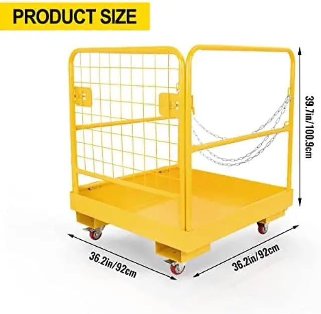Alt view image 2 of 6 - Forklift Safety Cage, Forklift Man Basket 1150lbs Capacity, Work Platform with Safety Harness & Lock, Drain Hole & Wheels & Tool Basket, Perfect for Aerial Work