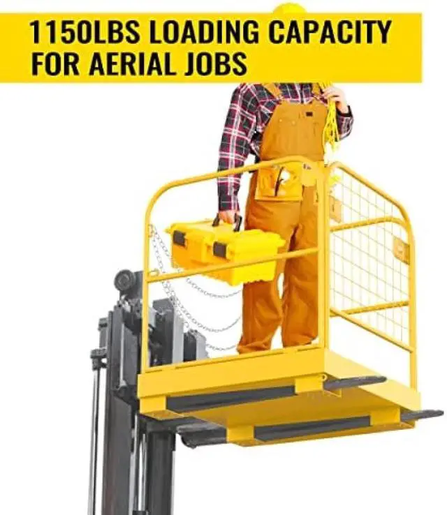 Alt view image 6 of 6 - Forklift Safety Cage, Forklift Man Basket 1150lbs Capacity, Work Platform with Safety Harness & Lock, Drain Hole & Wheels & Tool Basket, Perfect for Aerial Work
