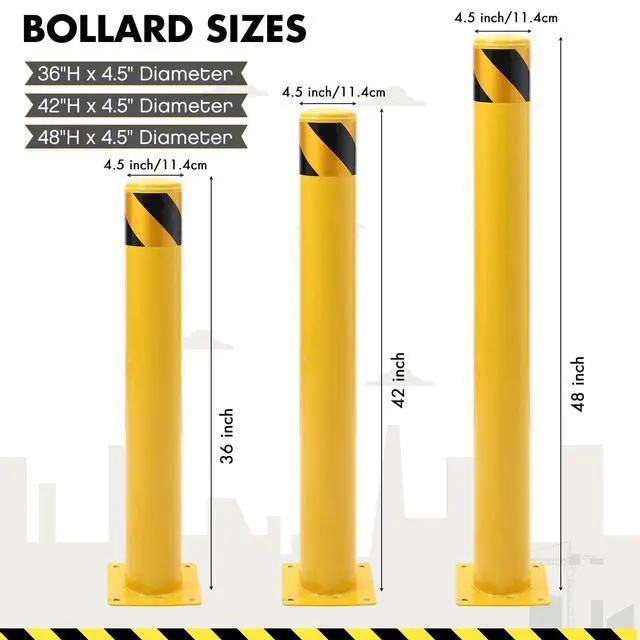 Alt view image 2 of 6 - Safety Bollard Post, 36 x 4.5 inch Removable Steel Traffic Parking Barrier Bollards, Yellow, 6 Pack