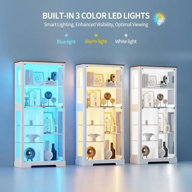 Alt view image 3 of 6 - 71" Tall Lighted Display Curio Cabinet with Glass Doors,Glass Curio Cabinet with 3 Color Sensor Lights,7-Tier Display Case with Removable Shelves,Storage Cabinet for Collectibles,White
