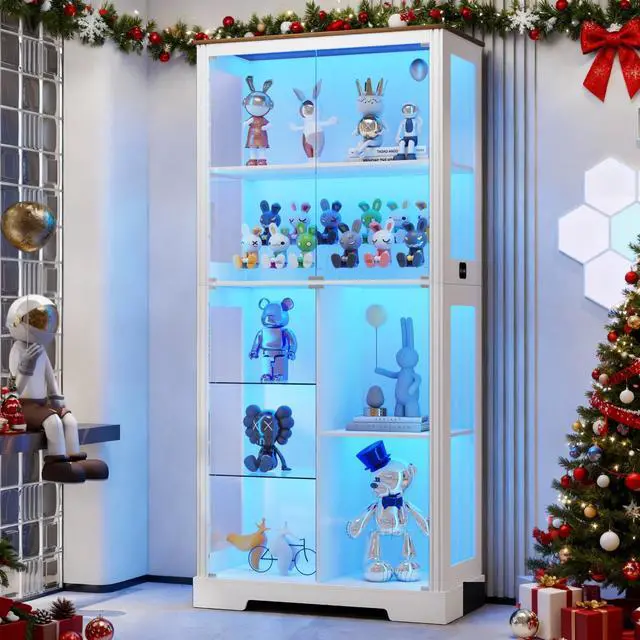 Main image of 71" Tall Display Curio Cabinet with Glass Doors,Glass Curio Cabinet with Human Sensor Light,7-Tier Display Case with 3 Color Lights,China Cabinet w/Removable Shelves for Collectibles,White