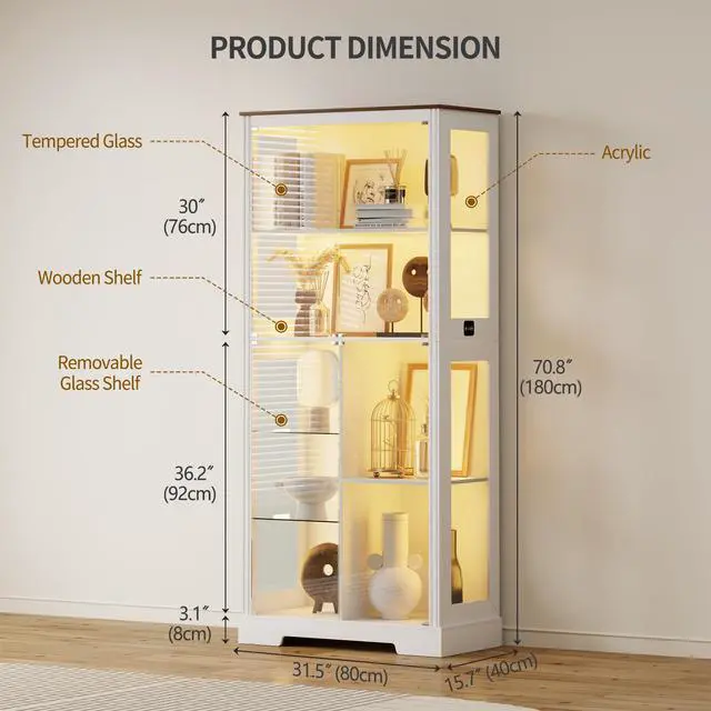 Alt view image 2 of 6 - 71" Tall Display Curio Cabinet with Glass Doors,Glass Curio Cabinet with Human Sensor Light,7-Tier Display Case with 3 Color Lights,China Cabinet w/Removable Shelves for Collectibles,White