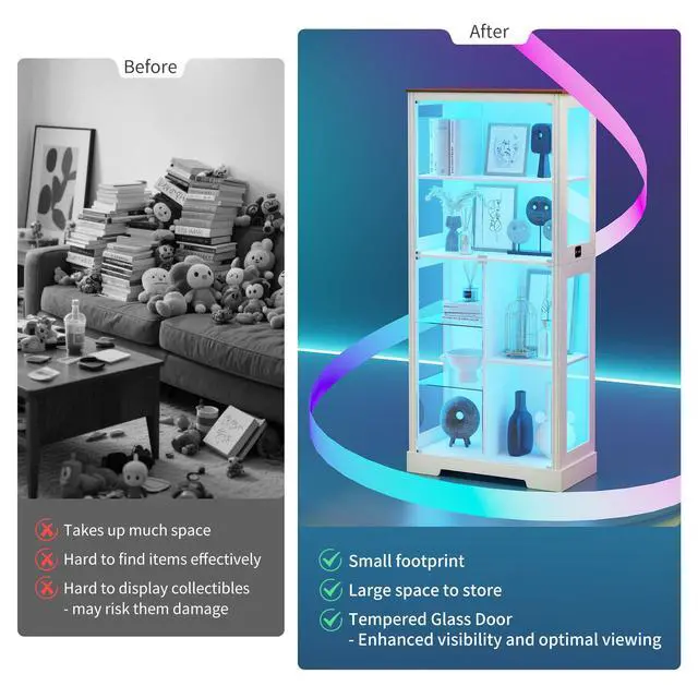 Alt view image 6 of 6 - 71" Tall Display Curio Cabinet with Glass Doors,Glass Curio Cabinet with Human Sensor Light,7-Tier Display Case with 3 Color Lights,China Cabinet w/Removable Shelves for Collectibles,White