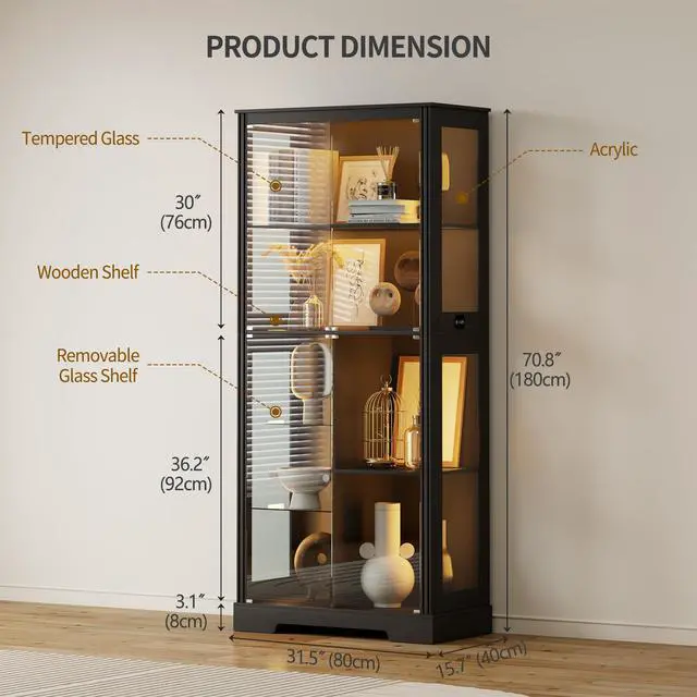 Alt view image 2 of 6 - 71" Tall Lighted Display Curio Cabinet with Glass Doors,Glass Curio Cabinet with 3 Color Sensor Lights,7-Tier Display Case with Removable Shelves,Storage Cabinet for Collectibles,Black
