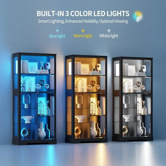 Alt view image 3 of 6 - 71" Tall Lighted Display Curio Cabinet with Glass Doors,Glass Curio Cabinet with 3 Color Sensor Lights,7-Tier Display Case with Removable Shelves,Storage Cabinet for Collectibles,Black