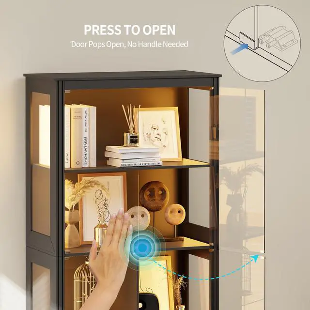 Alt view image 5 of 6 - 71" Tall Lighted Display Curio Cabinet with Glass Doors,Glass Curio Cabinet with 3 Color Sensor Lights,7-Tier Display Case with Removable Shelves,Storage Cabinet for Collectibles,Black
