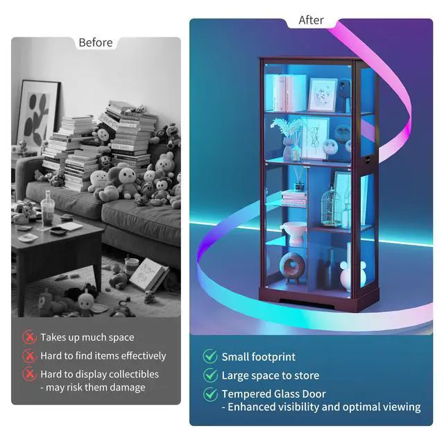 Alt view image 6 of 6 - 71" Tall Lighted Display Curio Cabinet with Glass Doors,Glass Curio Cabinet with 3 Color Sensor Lights,7-Tier Display Case with Removable Shelves,Storage Cabinet for Collectibles,Black