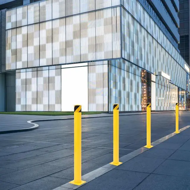 Alt view image 2 of 6 - Safety Bollard 4 Packs, 48 Inch Height Steel Bollard Post for Parking Lot, 4.5 Inch Diameter Pipe, Yellow Safety Bollard Post with 8 Anchor Bolts, Ideal for Traffic-Sensitive Areas, Driveway Barrier