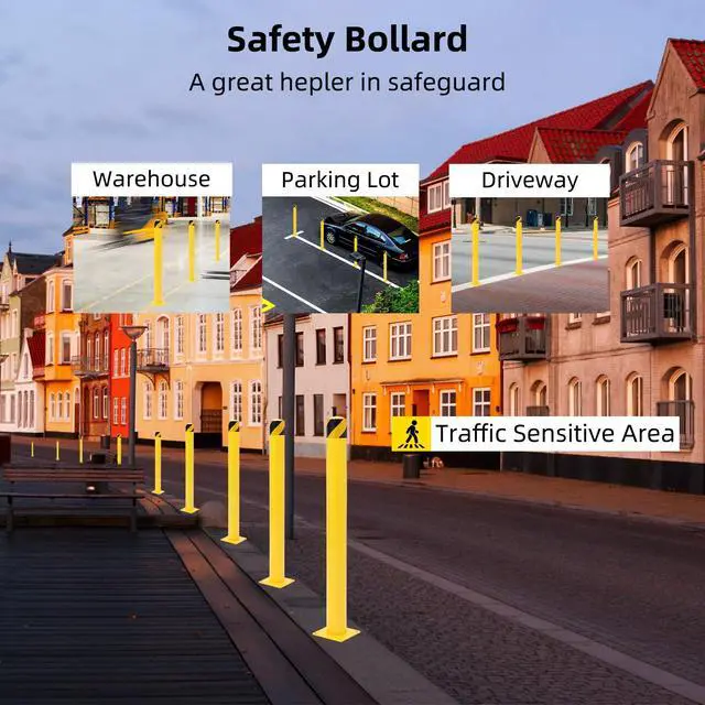 Alt view image 4 of 6 - Safety Bollard 4 Packs, 48 Inch Height Steel Bollard Post for Parking Lot, 4.5 Inch Diameter Pipe, Yellow Safety Bollard Post with 8 Anchor Bolts, Ideal for Traffic-Sensitive Areas, Driveway Barrier