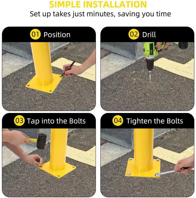 Alt view image 5 of 6 - Safety Bollard 4 Packs, 48 Inch Height Steel Bollard Post for Parking Lot, 4.5 Inch Diameter Pipe, Yellow Safety Bollard Post with 8 Anchor Bolts, Ideal for Traffic-Sensitive Areas, Driveway Barrier
