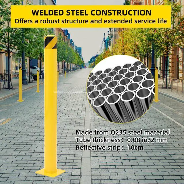 Alt view image 6 of 6 - Safety Bollard 4 Packs, 48 Inch Height Steel Bollard Post for Parking Lot, 4.5 Inch Diameter Pipe, Yellow Safety Bollard Post with 8 Anchor Bolts, Ideal for Traffic-Sensitive Areas, Driveway Barrier