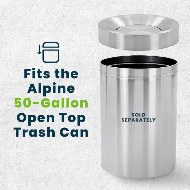 Alt view image 2 of 6 - Swing Lid Commercial Stainless Steel Trash Can Open Top 50-Gallon Heavy-Duty Garbage Can, Modern, Round, Large Waste Receptacle for Indoor Use High-Traffic Areas - Brushed Silver