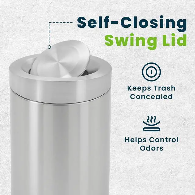Alt view image 3 of 6 - Swing Lid Commercial Stainless Steel Trash Can Open Top 50-Gallon Heavy-Duty Garbage Can, Modern, Round, Large Waste Receptacle for Indoor Use High-Traffic Areas - Brushed Silver