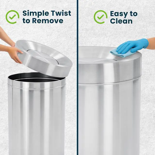 Alt view image 4 of 6 - Swing Lid Commercial Stainless Steel Trash Can Open Top 50-Gallon Heavy-Duty Garbage Can, Modern, Round, Large Waste Receptacle for Indoor Use High-Traffic Areas - Brushed Silver