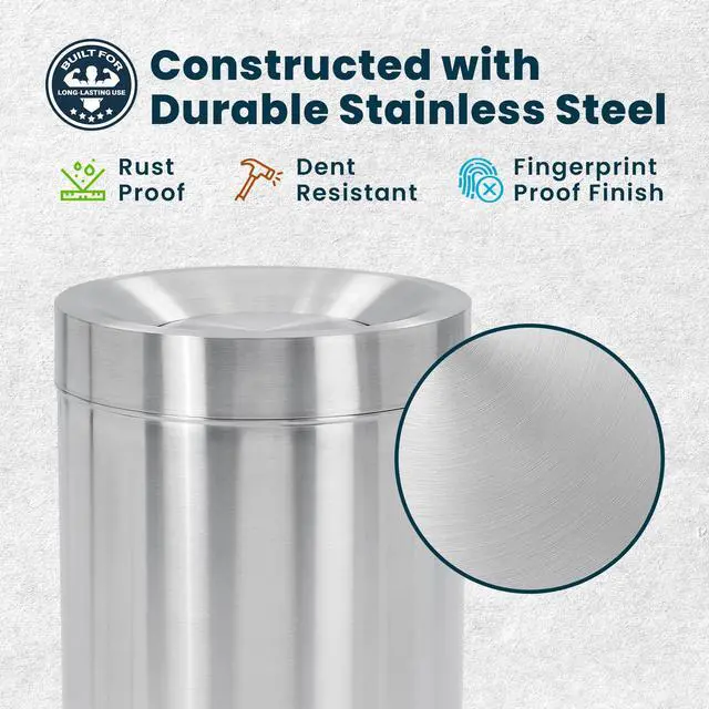 Alt view image 6 of 6 - Swing Lid Commercial Stainless Steel Trash Can Open Top 50-Gallon Heavy-Duty Garbage Can, Modern, Round, Large Waste Receptacle for Indoor Use High-Traffic Areas - Brushed Silver