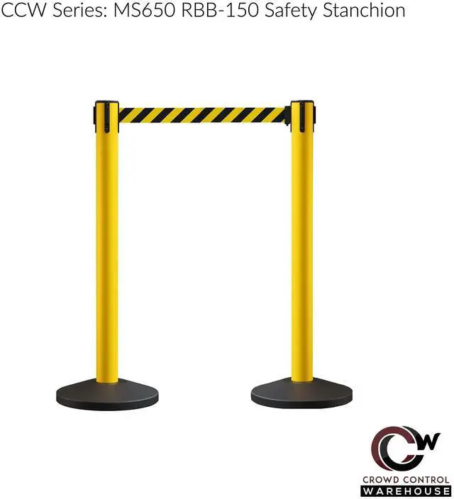 Alt view image 2 of 6 - CCW Series RBB-150 - Set of 2 Stanchion Retractable Belt Barriers - 16 Foot, Black & Yellow Diagonal Belt with Yellow Post - Easy Assembly