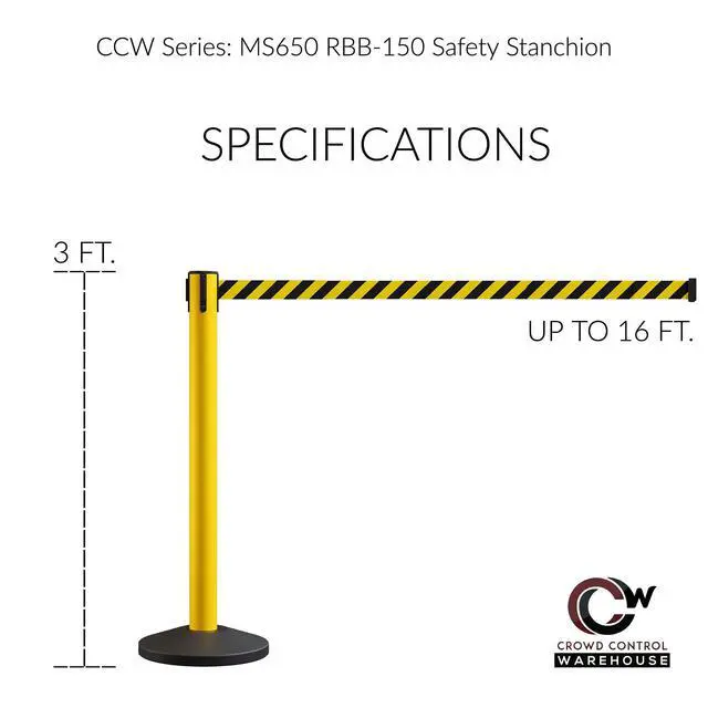 Alt view image 3 of 6 - CCW Series RBB-150 - Set of 2 Stanchion Retractable Belt Barriers - 16 Foot, Black & Yellow Diagonal Belt with Yellow Post - Easy Assembly