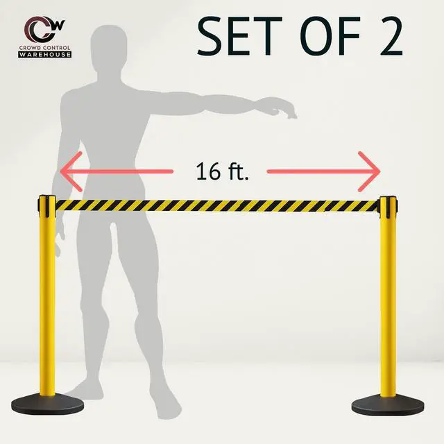 Alt view image 4 of 6 - CCW Series RBB-150 - Set of 2 Stanchion Retractable Belt Barriers - 16 Foot, Black & Yellow Diagonal Belt with Yellow Post - Easy Assembly