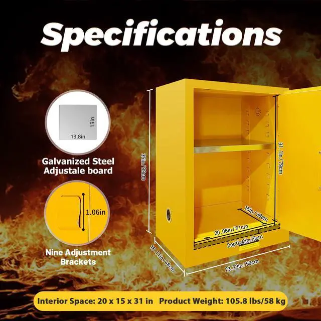 Alt view image 2 of 6 - 30 Gallon Red Flammable Safety Cabinet, NFPA & OSHA Compliant, Fireproof 14GA Steel Cabinet with Adjustable Shelf, 3-Point Lock, Manual-Closing Doors, Vent System (Yellow 23"W x 18"D x 35"H)