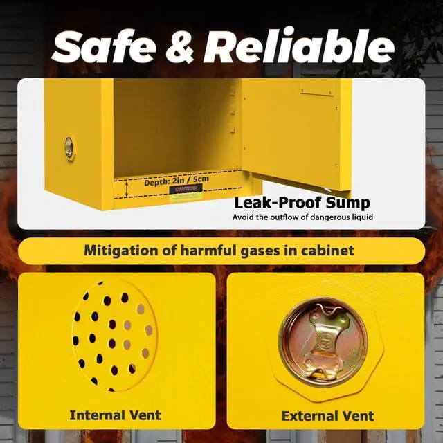 Alt view image 6 of 6 - 30 Gallon Red Flammable Safety Cabinet, NFPA & OSHA Compliant, Fireproof 14GA Steel Cabinet with Adjustable Shelf, 3-Point Lock, Manual-Closing Doors, Vent System (Yellow 23"W x 18"D x 35"H)