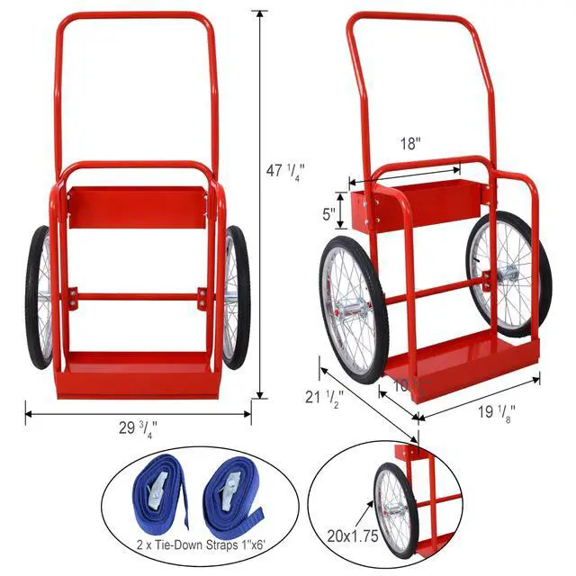 Alt view image 2 of 6 - Heavy-Duty Dual Gas Cylinder Hand Truck - 220 LB Capacity Welding Cart with 20" Pneumatic Wheels & Secure Straps, for Transporting Oxygen Acetylene Argon Tanks (Red)