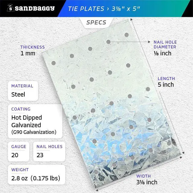 Alt view image 3 of 6 - Tie Plate for Wood (3-1/8" x 5") - Hot Dipped Galvanized Steel - 20 Gauge - 23 Nail Holes (Similar to Simpson Strong-Tie TP35) (3.125" x 5", 100)