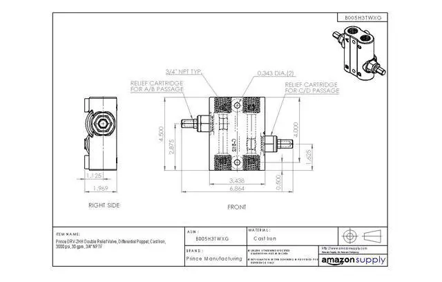 Alt view image 3 of 3 - DRV-2HH Double Relief Valve, Differential Poppet, Cast Iron, 3000 psi, 30 gpm, 3/4" NPTF