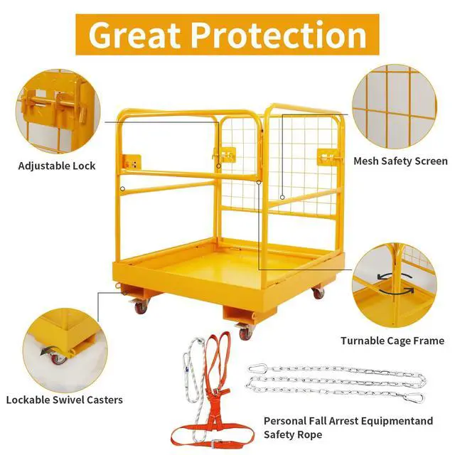 Alt view image 3 of 6 - Forklift Safety Cage, 36"x36" Lift Basket, Heavy Duty Forklift Man Basket 1200LBS Capacity with 4 Wheels, Safety Set, Forklift Work Platform for Most Aerial Jobs