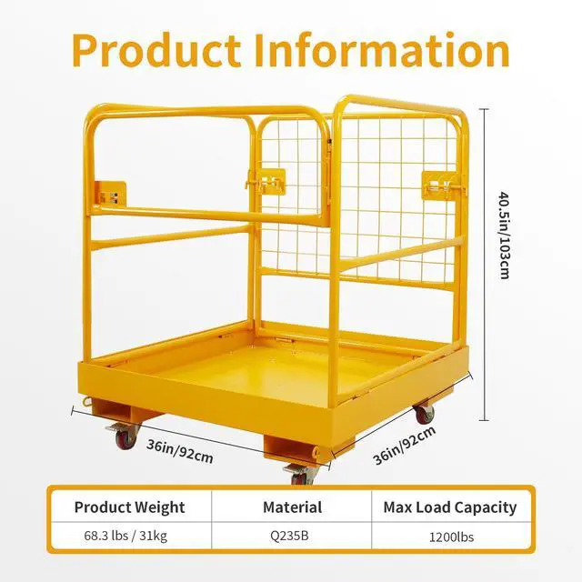 Alt view image 4 of 6 - Forklift Safety Cage, 36"x36" Lift Basket, Heavy Duty Forklift Man Basket 1200LBS Capacity with 4 Wheels, Safety Set, Forklift Work Platform for Most Aerial Jobs