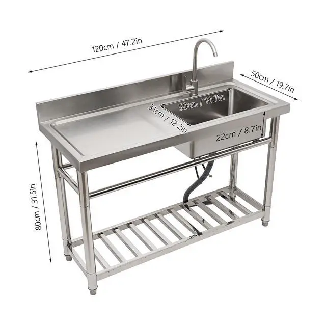 Alt view image 2 of 6 - Commercial Stainless Steel Kitchen Sink Prep Counter, Freestanding 1 Compartment Utility Sink, Single Bowl Outdoor Sinks with Pull Out Faucet, For Restaurant, Garage