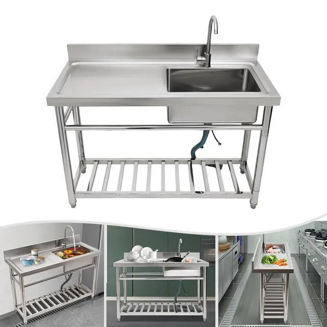 Alt view image 4 of 6 - Commercial Stainless Steel Kitchen Sink Prep Counter, Freestanding 1 Compartment Utility Sink, Single Bowl Outdoor Sinks with Pull Out Faucet, For Restaurant, Garage