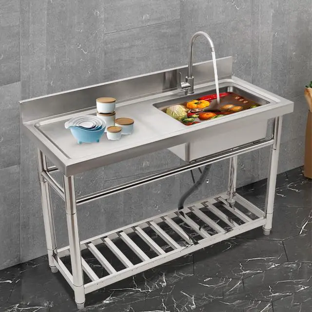 Alt view image 5 of 6 - Commercial Stainless Steel Kitchen Sink Prep Counter, Freestanding 1 Compartment Utility Sink, Single Bowl Outdoor Sinks with Pull Out Faucet, For Restaurant, Garage