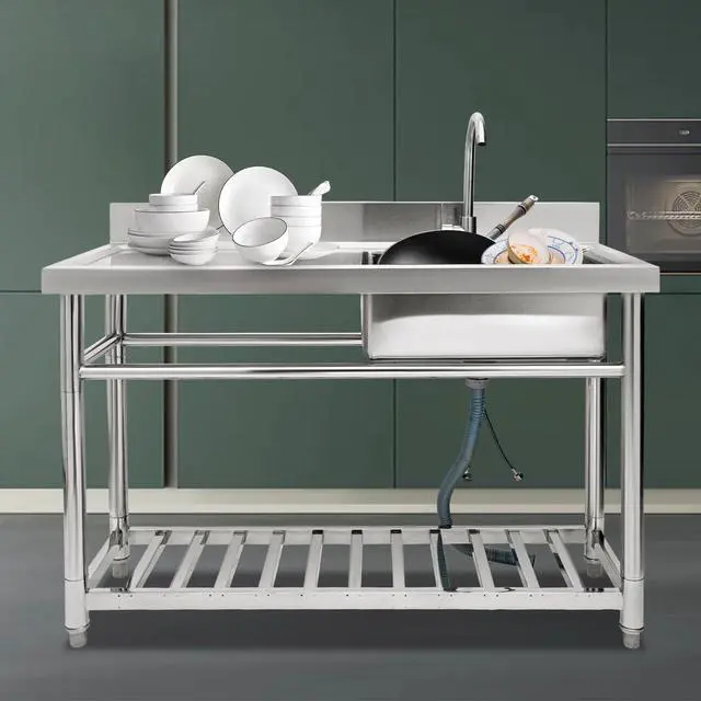 Alt view image 6 of 6 - Commercial Stainless Steel Kitchen Sink Prep Counter, Freestanding 1 Compartment Utility Sink, Single Bowl Outdoor Sinks with Pull Out Faucet, For Restaurant, Garage