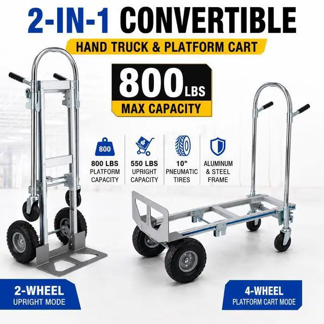 Alt view image 2 of 6 - 2-in-1 Convertible Hand Truck Dolly, 800 LB Capacity Heavy Duty Utility Cart with Pneumatic Tires, Aluminum & Steel Folding Hand Cart for Moving, Delivery & Warehouse