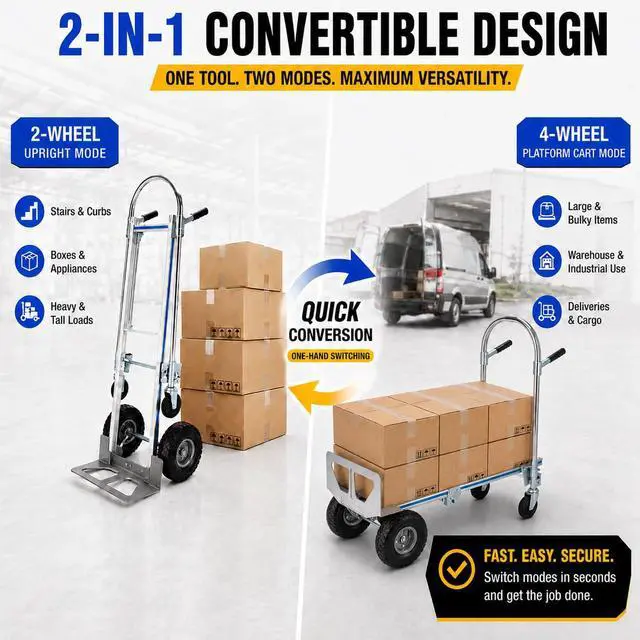 Alt view image 3 of 6 - 2-in-1 Convertible Hand Truck Dolly, 800 LB Capacity Heavy Duty Utility Cart with Pneumatic Tires, Aluminum & Steel Folding Hand Cart for Moving, Delivery & Warehouse