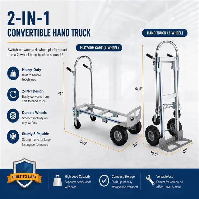 Alt view image 4 of 6 - 2-in-1 Convertible Hand Truck Dolly, 800 LB Capacity Heavy Duty Utility Cart with Pneumatic Tires, Aluminum & Steel Folding Hand Cart for Moving, Delivery & Warehouse
