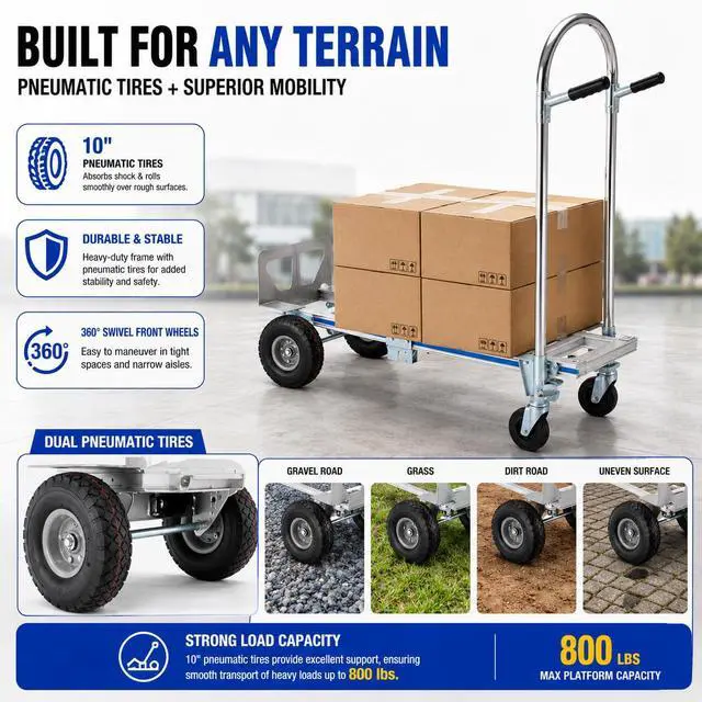 Alt view image 5 of 6 - 2-in-1 Convertible Hand Truck Dolly, 800 LB Capacity Heavy Duty Utility Cart with Pneumatic Tires, Aluminum & Steel Folding Hand Cart for Moving, Delivery & Warehouse