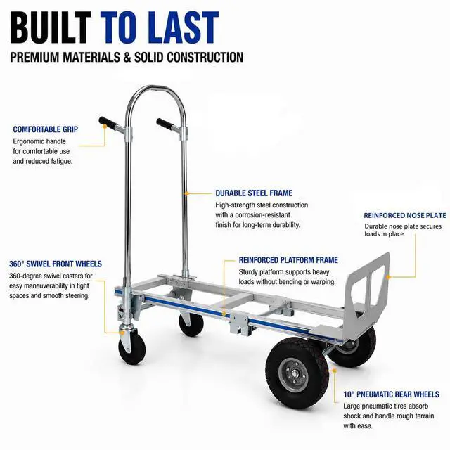 Alt view image 6 of 6 - 2-in-1 Convertible Hand Truck Dolly, 800 LB Capacity Heavy Duty Utility Cart with Pneumatic Tires, Aluminum & Steel Folding Hand Cart for Moving, Delivery & Warehouse