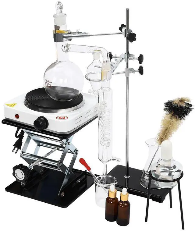 Main image of Essential Oil Distillation Equipment, Distillation Apparatus for Home Glass Steam Distillation Apparatus Kit, Professional 500/1000ML 1000W Lab Glassware Equipment for Distillation (500ml)