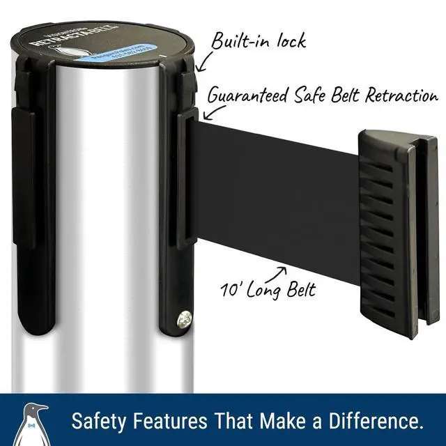 Alt view image 3 of 6 - Commercial-Grade Stanchion 2-Pack by RETRACTA-Belt Prime (Model P100PS1) 10 Retractable Belt Barrier - Heavy Base Crowd Control Barrier (Polished Stainless Steel w/Black & Yellow Belt)
