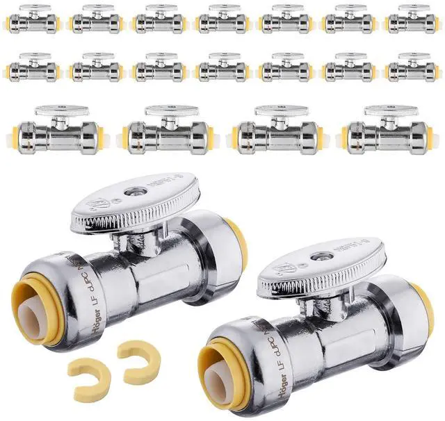 Main image of (Pack of 20) Push Fit 1/4 Turn Straight Stop Valve Water Shut Off 1/2 Inch Push x 1/2 Inch Push, Chrome with a Disconnect Clip,(PF-VALVE035-20PCS)