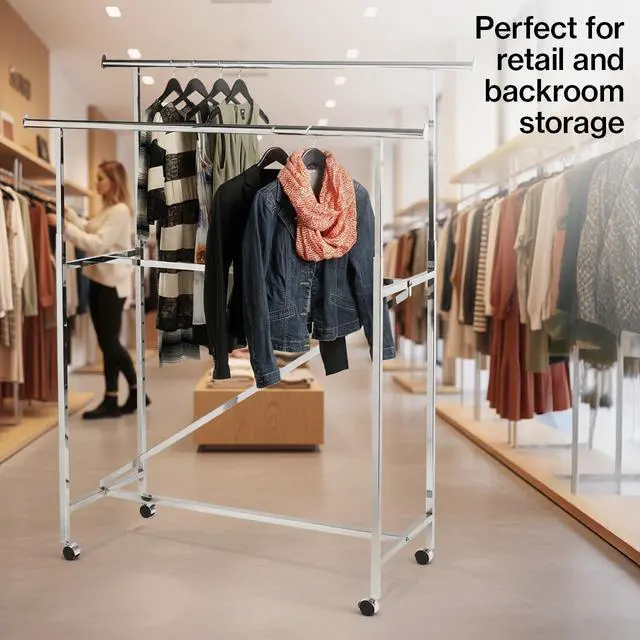 Alt view image 4 of 6 - Chrome Double Clothing Rack with Z-Brace - 60''W x 24''D x 47-72''H - Adjustable Height, Durable and Sleek Double Clothes Rack for Commercial, Retail, Thrift, and Boutique Use