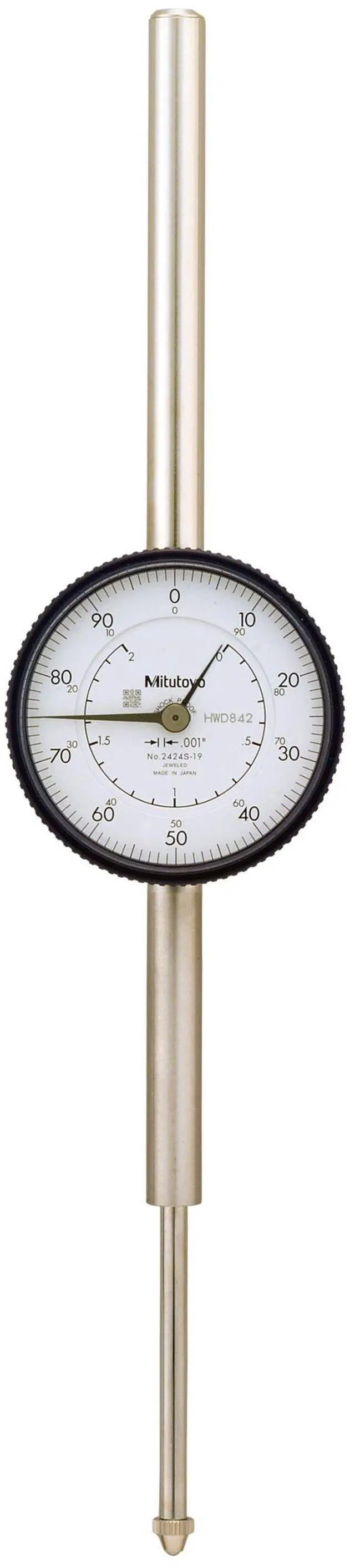 Main image of 2424S-19 Dial Indicator, #4-48 UNF Thread, 0.375" Stem Dia., Lug Back, White Dial, 0-100 Reading, 2.244" Dial Dia., 0-2" Range, 0.001" Graduation, +/-0.003" Accuracy | #4-48 UNF Thread, 0.375" Stem Di