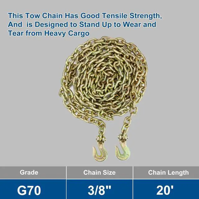 Alt view image 2 of 6 - 3/8" x 20' G70 Transport Binder Chain with Grab Hooks, 2-Pack Heavy Duty Safety Chains 6,600 lbs WLL for Flatbed, Truck, Trailer, Farm Use