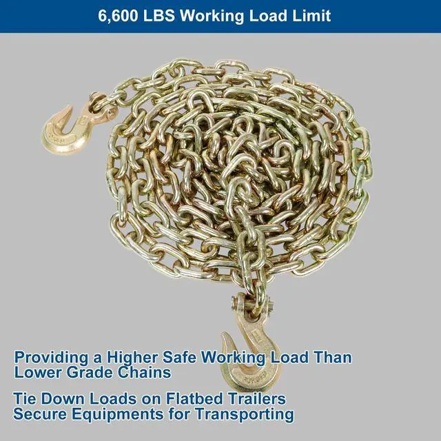 Alt view image 4 of 6 - 3/8" x 20' G70 Transport Binder Chain with Grab Hooks, 2-Pack Heavy Duty Safety Chains 6,600 lbs WLL for Flatbed, Truck, Trailer, Farm Use