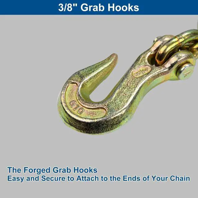 Alt view image 6 of 6 - 3/8" x 20' G70 Transport Binder Chain with Grab Hooks, 2-Pack Heavy Duty Safety Chains 6,600 lbs WLL for Flatbed, Truck, Trailer, Farm Use