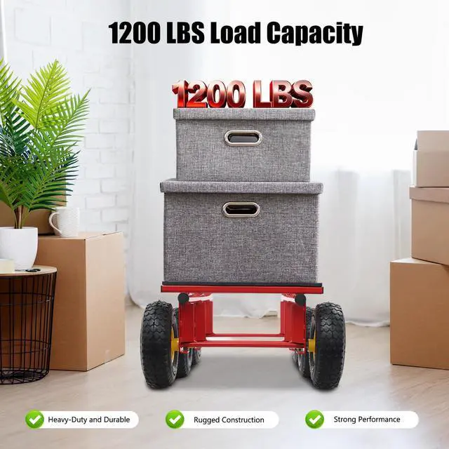 Alt view image 3 of 6 - 6-Wheel All-Terrain Utility Cart, Heavy Duty Dolly Cart 1200LBS Capacity, 10" Inflatable Tires Yard Wagon for Moving Furniture Appliances, Large Items, Removable Frame Hand Truck, Black