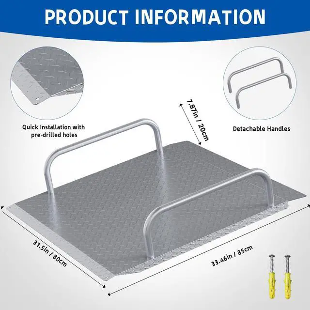 Alt view image 2 of 6 - Door Threshold Ramp 800 LBS Capacity, Shed Ramp for Riding Mower, Easy to Install Ramps for Lawn Mower, 33.5" W×31.5" L Anti-Slip Metal Ramps for Wheelchairs, Garden Cart, Motorcycle